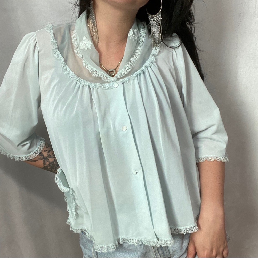 VINTAGE BABY BLUE NYLON EMBROIDERED BLOUSE - Picture 2 of 7